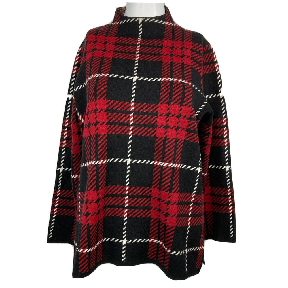 Anne Klein Sweater Womens‎ Sz S Red Black Plaid Pullover Mock Neck Split Hem